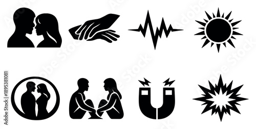Physical attraction cues in bold style: silhouette figures, gentle touch hand, heartbeat line, warmth rays, closeness circle, mirrored posture icon, attraction. Vector icons
