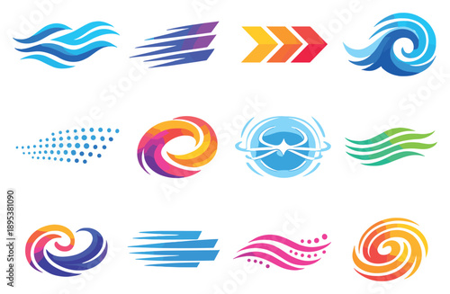 Abstract Wind and Motion Design in flat style: flowing curves, motion streaks, speed lines, directional arrows, spiral wave, kinetic dots, fluid gradient. Vector icons