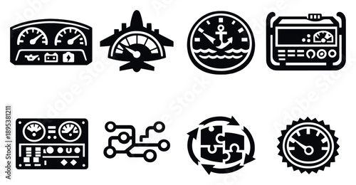 Applications and integration in bold style: vehicle dashboard, aircraft fuel gauge, marine fuel meter, generator tank monitor, industrial equipment panel. Vector icons