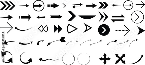 Modern arrow icon collection with straight, curved, circular and navigation direction symbols, pointer indicators for UI, infographic and web design