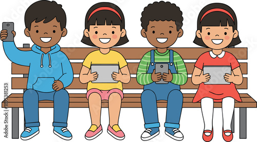 Diverse Children Using Smartphones and Tablets Sitting on Bench Vector Illustration Set