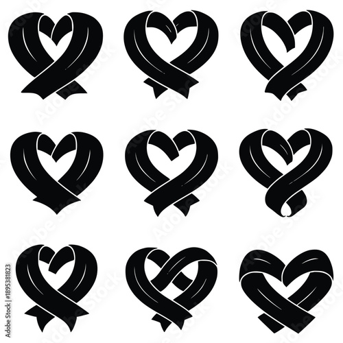 Collection of nine black ribbon heart icons on white background symbolizing love and care in various design formats for digital media and creative projects.