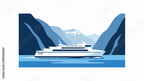 Modern ferry boat travel across tranquil blue waters surrounded by majestic mountains. Clean passenger vessel design offers comfortable journey, representing serene ferry boat travel experience.