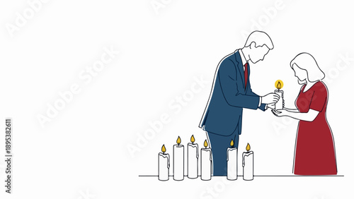 Man and woman lighting candles together in a symbolic gesture. Elegant couple performs lighting candles ritual with several lit flames, representing unity and shared purpose.