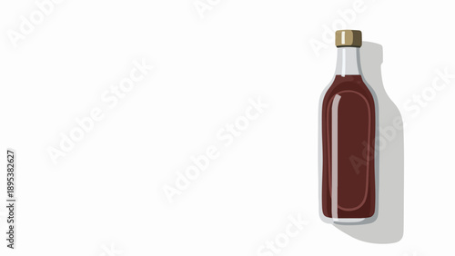 Brown glass sauce bottle with gold cap standing on clean white background, casting long shadow. Minimalist sauce bottle design for food packaging or product showcase.