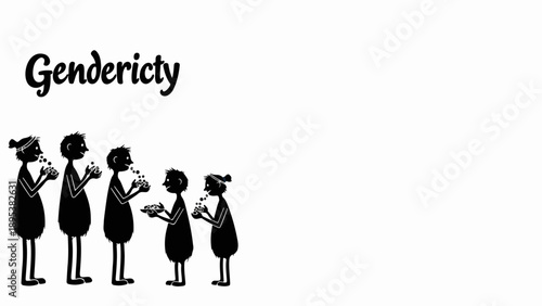 Abstract illustration displaying Gendericity concept with stylized figures in line. Gendericity concept portrays social equity, depicting individuals holding small objects.