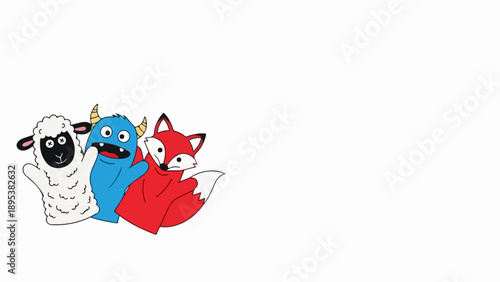 Colorful hand puppets displayed on white background, featuring adorable sheep, blue monster, and red fox characters.