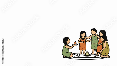 Illustration depicts children sharing small offering, gathered in communal moment on plain background. Young children sharing food represents cultural tradition, fostering community.