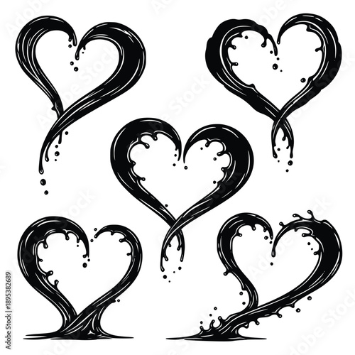 Beautiful ink splash heart designs beautifully arranged in a visually appealing graphic illustration for love and romance themes on a white background for creative projects.