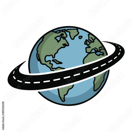 Earth globe encircled by a winding highway road representing global travel transportation logistics trade routes and worldwide movement