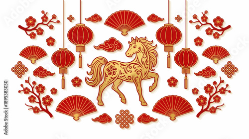 2026 Chinese New Year Horse Vector – Golden Floral Horse Surrounded by Lanterns, Fans, Blossoms, and Clouds for Festive Zodiac Celebration and Cultural Design