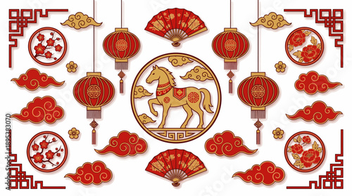 2026 Chinese New Year Horse Vector – Golden Floral Horse Surrounded by Lanterns, Fans, Blossoms, and Clouds for Festive Zodiac Celebration and Cultural Design