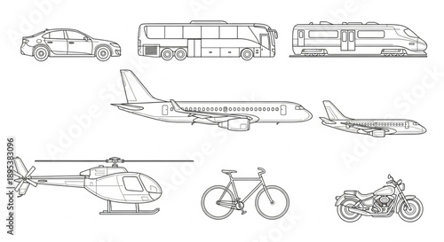 Collection of diverse transportation vehicles line art illustrations.