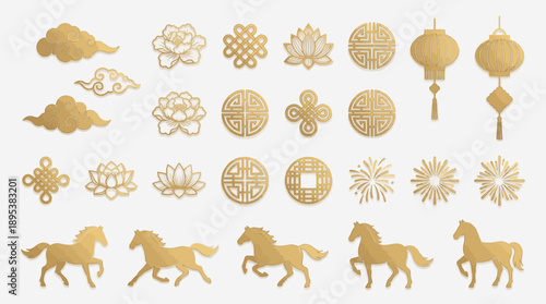 Chinese Decorative Motif Vector Set – Gold Icons Featuring Lanterns, Clouds, Horses, Fans, and Borders for Festive Design, Lunar New Year, and Cultural Art