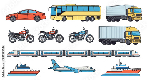 Collection of diverse transportation vehicles on white background.
