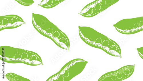 Green Pea Pod Seamless Pattern with Fresh Organic Vegetables Flat Vector Background