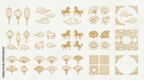 Chinese Decorative Motif Vector Set – Gold Icons Featuring Lanterns, Clouds, Horses, Fans, and Borders for Festive Design, Lunar New Year, and Cultural Art