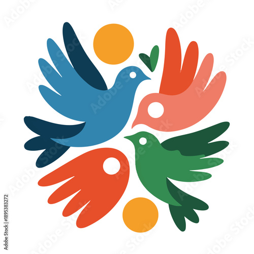 Four stylized colorful doves birds flying in circle around sun and heart shapes representing peace love harmony togetherness and vibrant abstract freedom