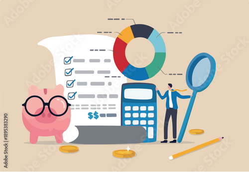 Budget planning or income management, spending and expense report or investment balance sheet, debt calculation and analysis, businessman with magnifier planning budget with calculator and chart