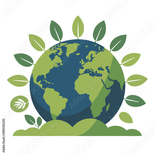 Planet earth globe surrounded by green leaves symbolizing environmental protection ecology conservation sustainability global warming awareness nature