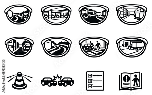 Road and Intersection Safety Applications in outline style: blind corner mirror, parking garage mirror, driveway exit mirror, warehouse aisle mirror, alleyway. Vector icons