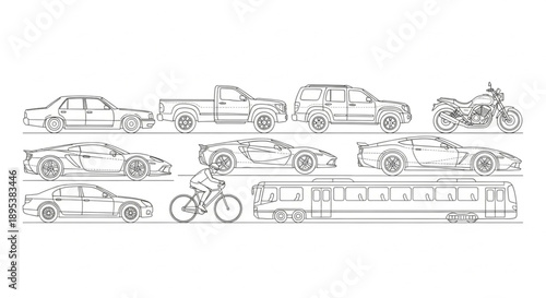 Collection of diverse vehicles and transportation modes line art.