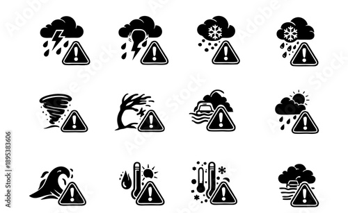Extreme Weather Warning Icons Set in Black Silhouette Style