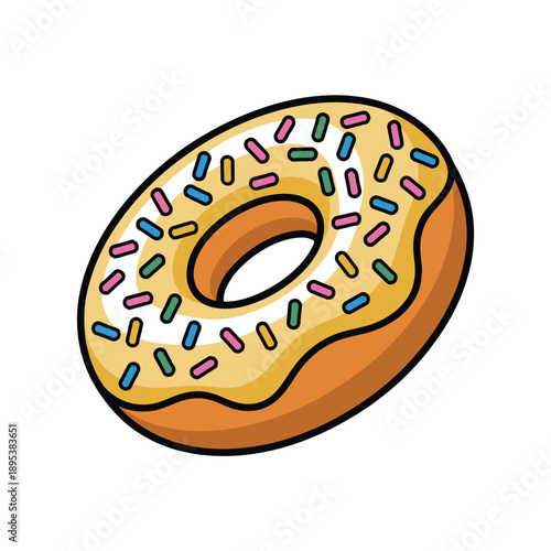 A cartoon illustration of a delicious glazed donut with colorful sprinkles on top