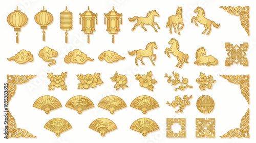 Chinese Decorative Motif Vector Set – Gold Icons Featuring Lanterns, Clouds, Horses, Fans, and Borders for Festive Design, Lunar New Year, and Cultural Art