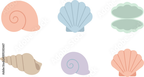 Pastel Sea Shell Collection Set with Spiral Snail and Scallop Shells in Soft Coastal Colors Flat Vector Illustration