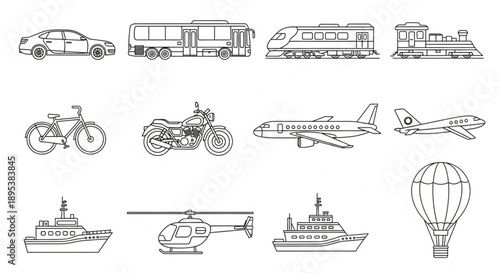 Collection of Hand Drawn Transportation Vehicles and Aircraft.