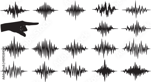 Sound wave patterns with a pointing hand gesture graphic