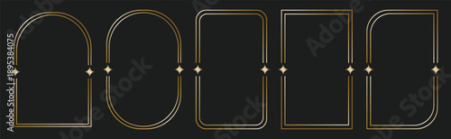 Minimal arch frame outline set in gold on dark background. Geometric window and doorway shapes for luxury layout and branding design. Clean vector elements for posters, invitations, and digital use.