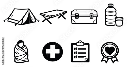 Emergency and temporary shelter in outline style: relief tent, sleeping cot, supply box, water bottle, emergency blanket, aid symbol, registration clipboard. Vector icons