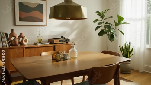 A sunlit dining room with a wooden table, chairs, and decorative elements, showcasing a mid-century modern aesthetic with warm lighting.