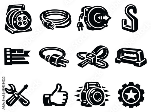 Portable and Workshop Cable Reels in bold style: portable reel handle, lightweight cord, retractable mechanism, storage hook, length measurement marks, power. Vector icons