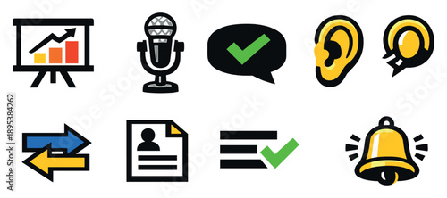 Leadership communication skills in bold style: presentation board, microphone, clear message icon, listening ear, dialogue arrows, briefing document, alignment. Vector icons