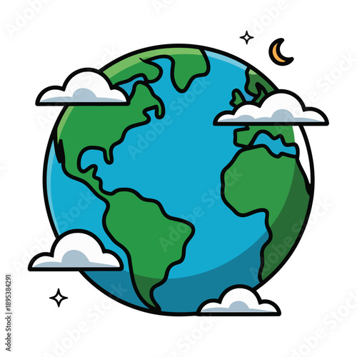 A cartoon illustration of the Earth with clouds and celestial bodies in space