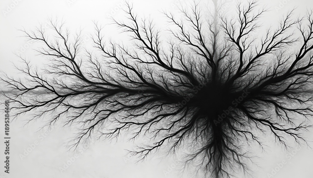 Obraz premium Complex abstract pattern of thin black lines forming a dense web on white backdrop. Organic structure resembles tree branches or vascular system. High contrast monochrome design.