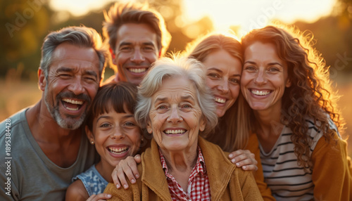 Multigenerational family smiles warmly in golden hour light. Diverse group shares happy moments outdoors connecting across ages. Cherished relationships, laughter, love define this joyful gathering.