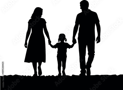 Silhouette of a family walking together parent and child holding hands