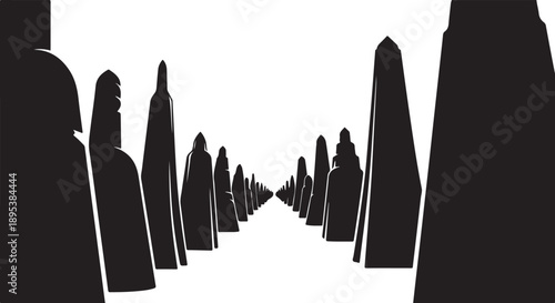 Monochrome Silhouette of Skyscrapers in Urban Cityscape at Night