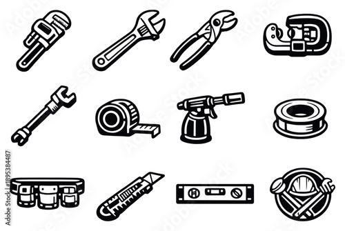 Plumber professional tools flat vector icons in outline style: pipe wrench, adjustable wrench, plumber pliers, pipe cutter, basin wrench, tape measure, torch. Vector icons