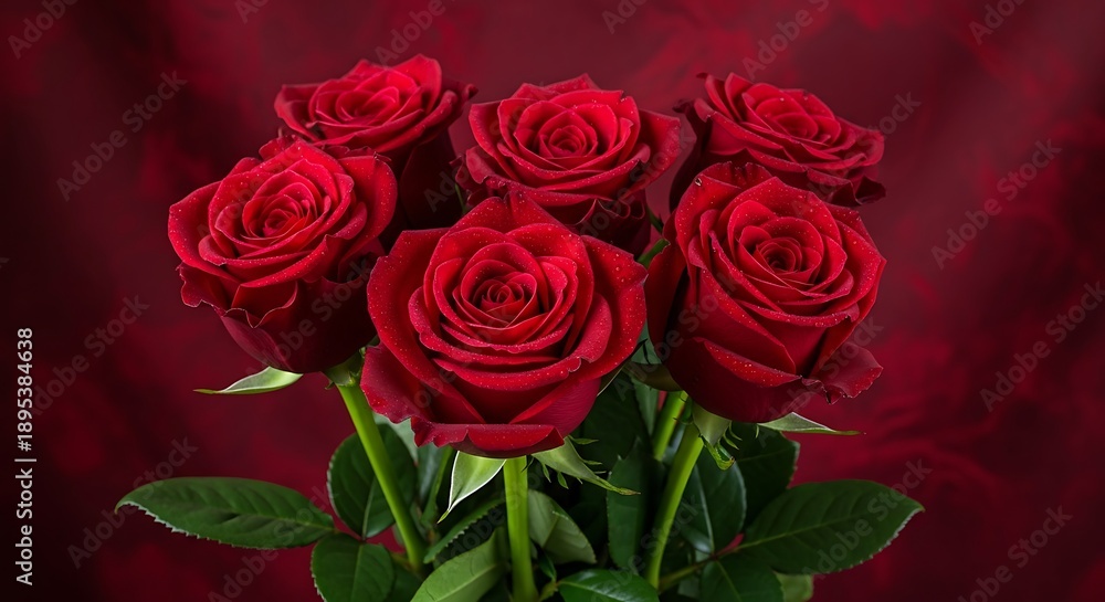 Obraz premium Close-up of a luxurious bouquet of six deep red roses with water droplets, romantic gift