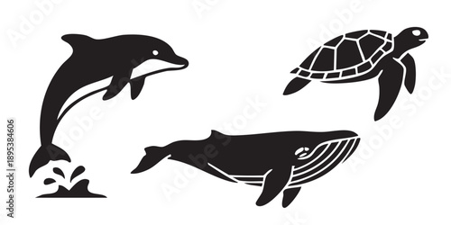 Marine Animal Silhouettes Dolphin Whale Turtle Set