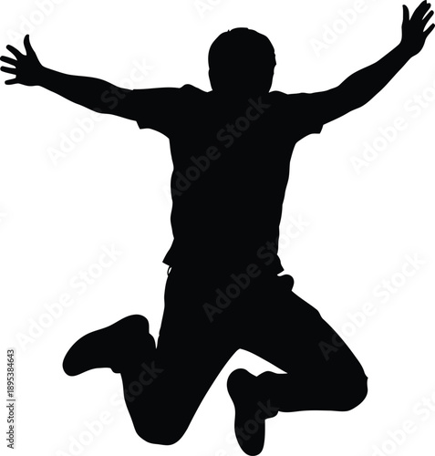 Flat minimalist black jumping silhouette icon of an excited man in mid-air leap with arms raised high and knees bent.