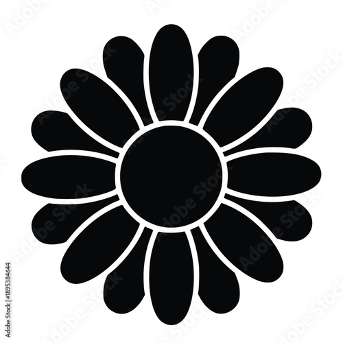 Simple black and white flower icon with stylized petals and a circular center on a clean white background