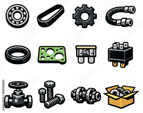 Machine Repair Components in bold style: replacement bearing, drive belt, gear wheel, hydraulic hose, seal ring, gasket sheet, electrical fuse, control relay. Vector icons