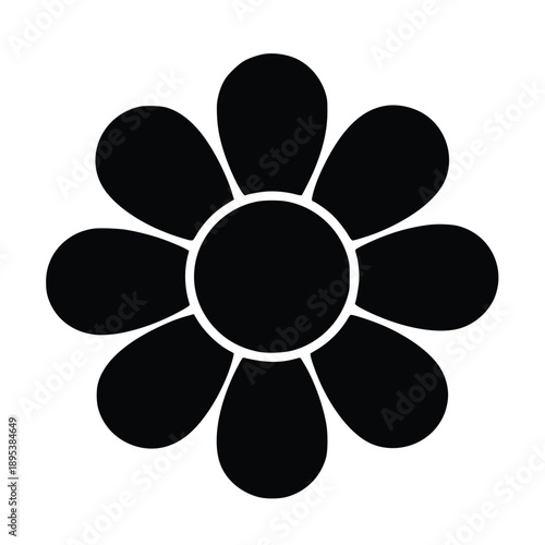 Simple black flower icon with eight petals on a white background symbolizing floral simplicity and minimalist design for various graphic uses.