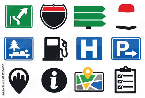 Guide and Directional Signs in bold style: highway exit sign, route number shield, destination arrow board, distance marker, rest area sign, fuel station icon. Vector icons